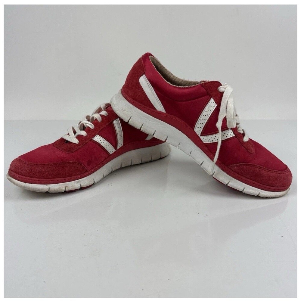 Vionic Nana Satin Suede Red White Tennis Shoe Lace Up Sneakers Orthopedic